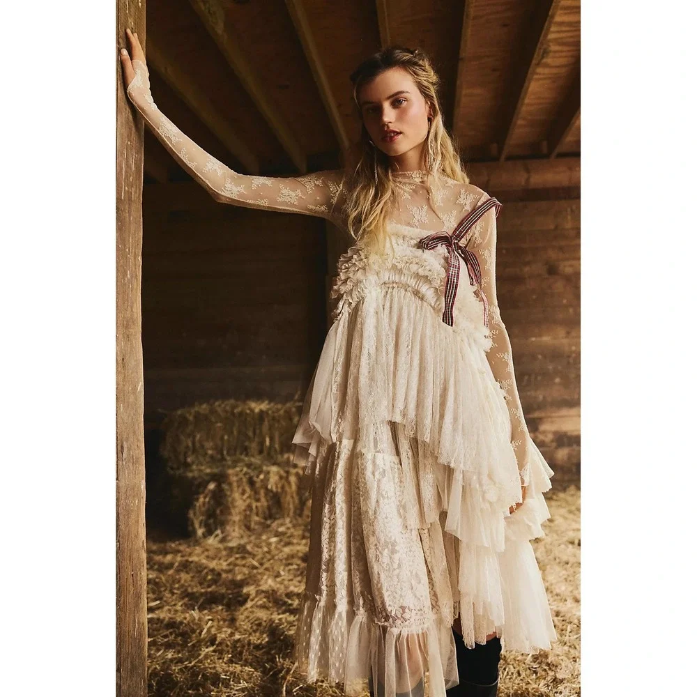 FREE PEOPLE Intimately Lady Lux Layering Top Floral Sheer Mesh Evening Crème L